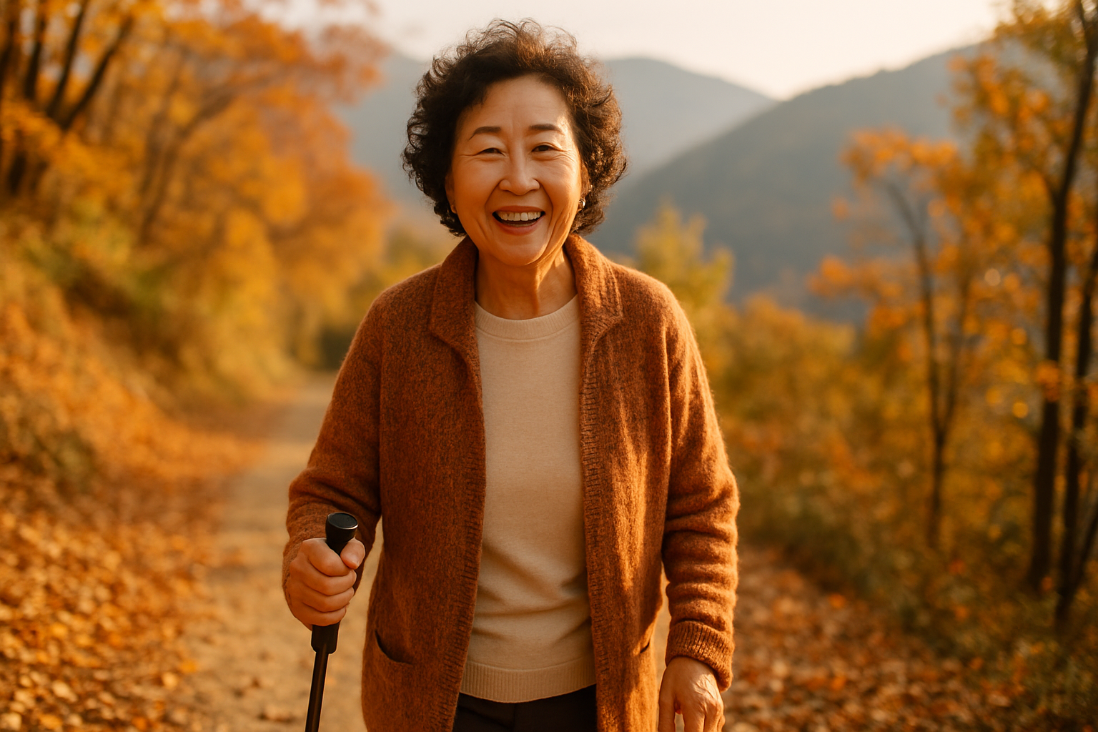가을 단풍길을 등산 스틱과 함께 걷는 60대 여성의 사실적인 사진