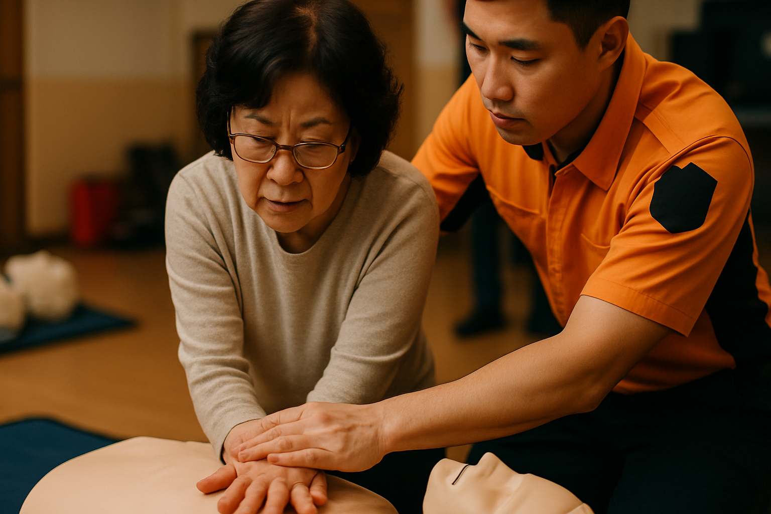 동네 소방서 안전교육에서 심폐소생술 실습을 받는 60대 여성의 사실적인 사진
