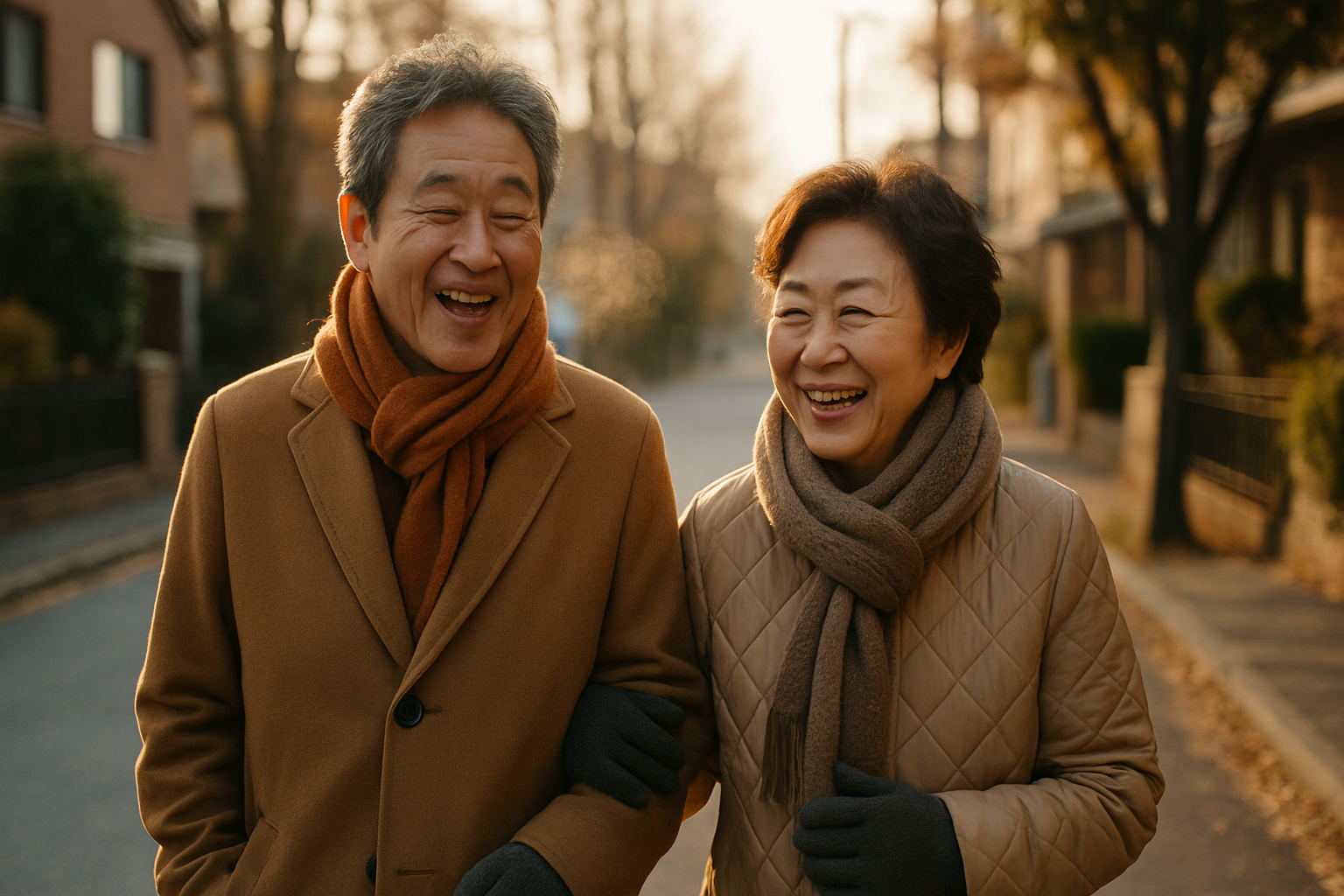 쌀쌀한 초겨울 아침 목도리와 겨울옷을 챙겨 입고 산책하는 60대 부부의 사실적인 사진