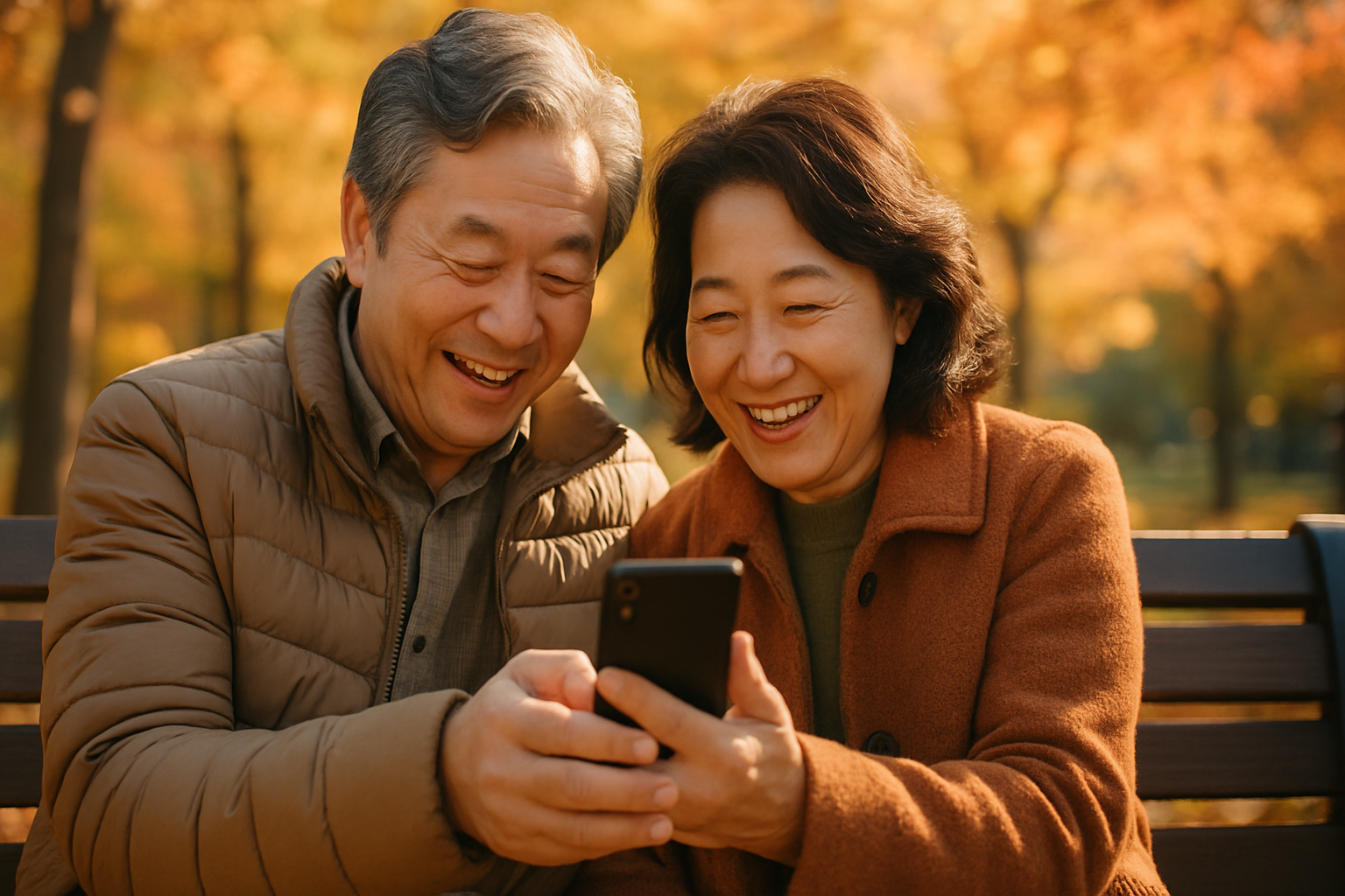 가을 공원 벤치에서 스마트폰을 함께 확인하며 웃는 60대 부부의 사실적인 사진