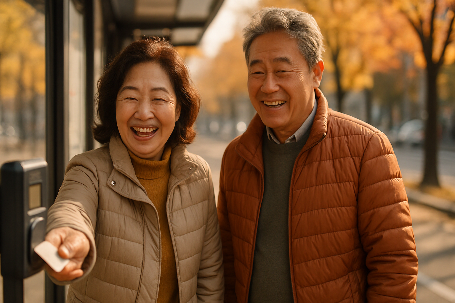 가을 버스 정류장에서 교통카드를 태그하며 웃는 60대 부부의 사실적인 사진