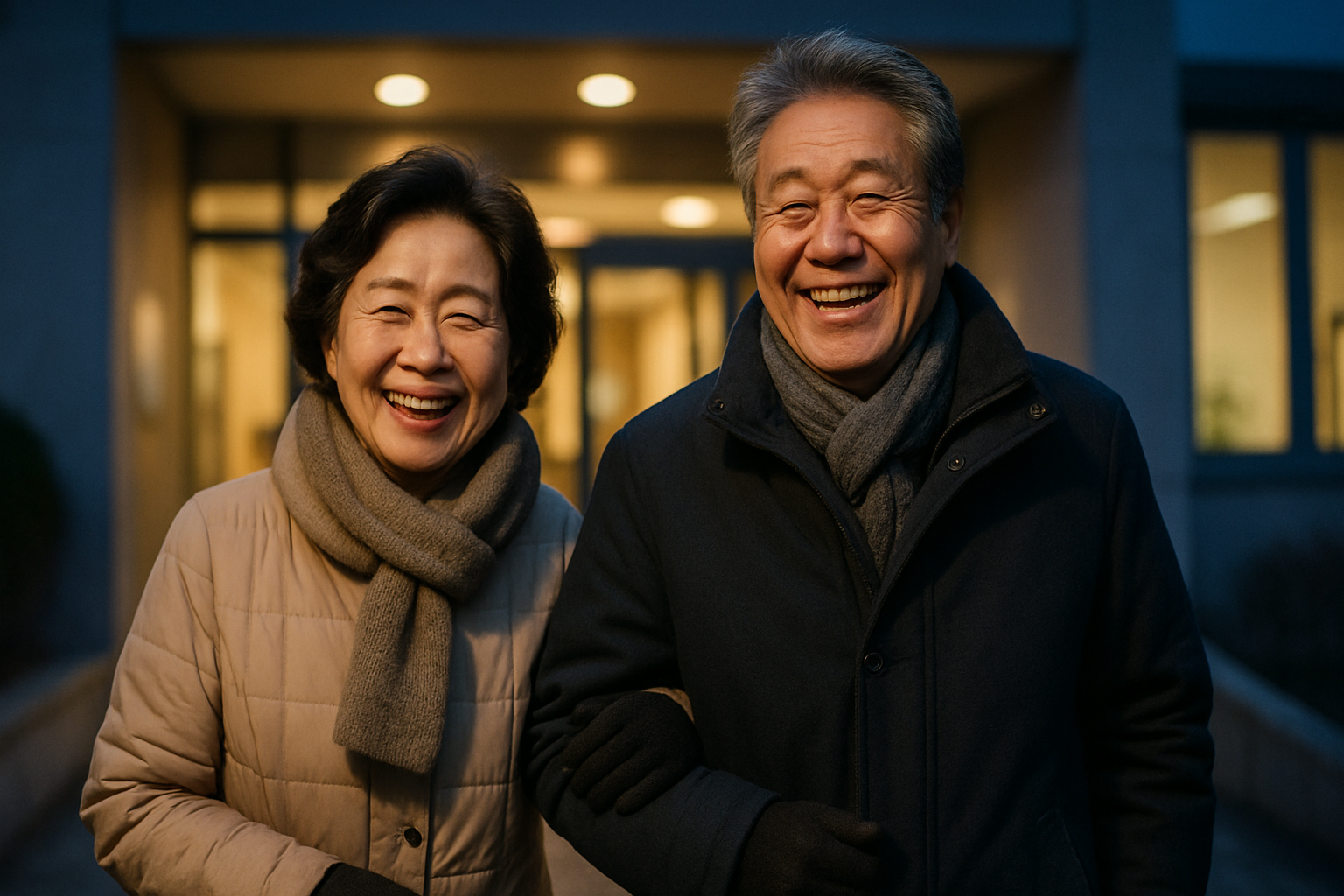 이른 겨울 저녁 노인복지관에서 나오며 담소하는 60대 부부의 사실적인 사진