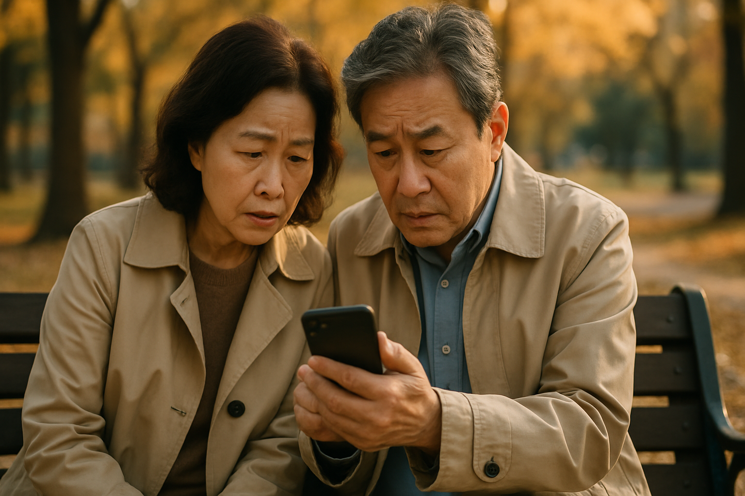 가을 공원 벤치에서 스마트폰 화면을 함께 확인하는 60대 부부의 사실적인 사진
