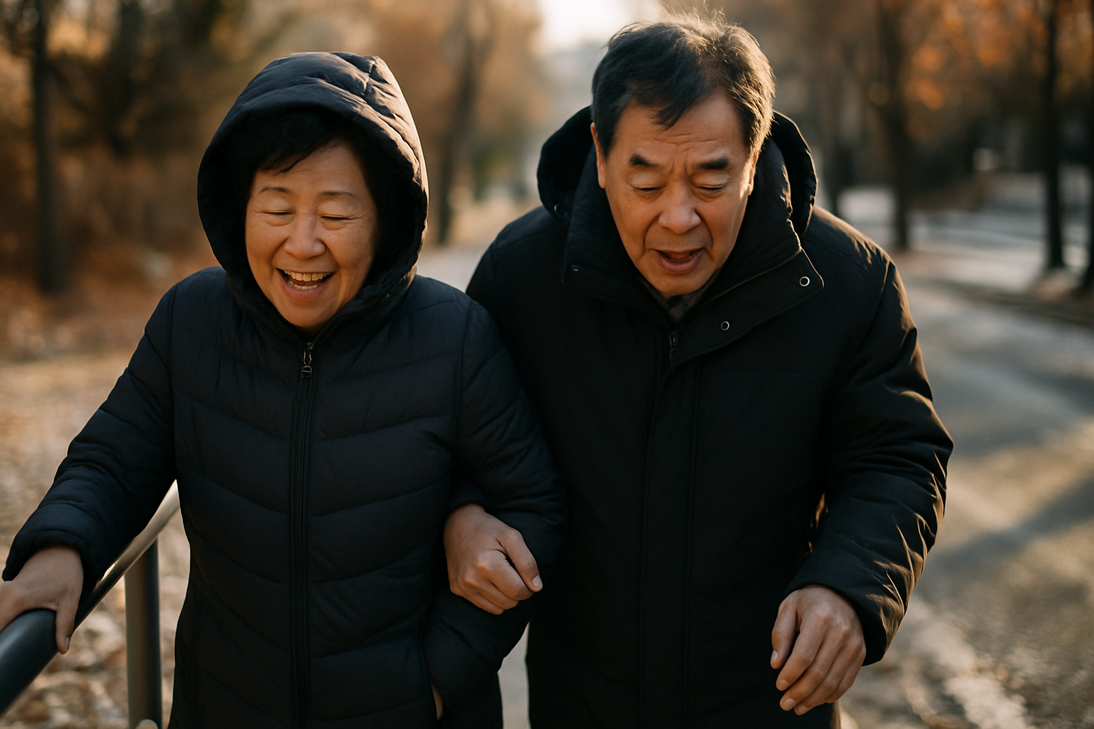 겨울철 빙판길에서 난간을 잡고 조심스럽게 걷는 60대 부부의 사실적인 사진