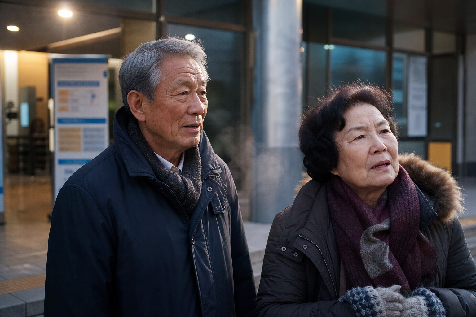 본격적인 겨울을 앞두고 가까운 한파쉼터 위치를 확인하는 60대 부부의 사실적인 사진