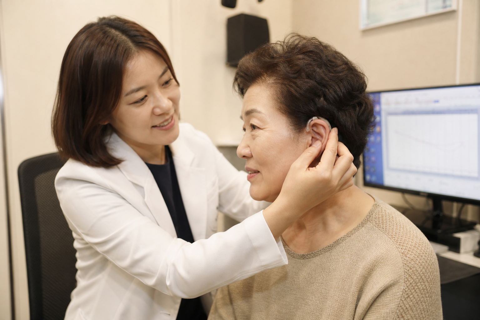 청각장애 등록 후 건강보험 보청기 급여 지원으로 보청기를 착용해 보는 60대 여성의 사실적인 사진