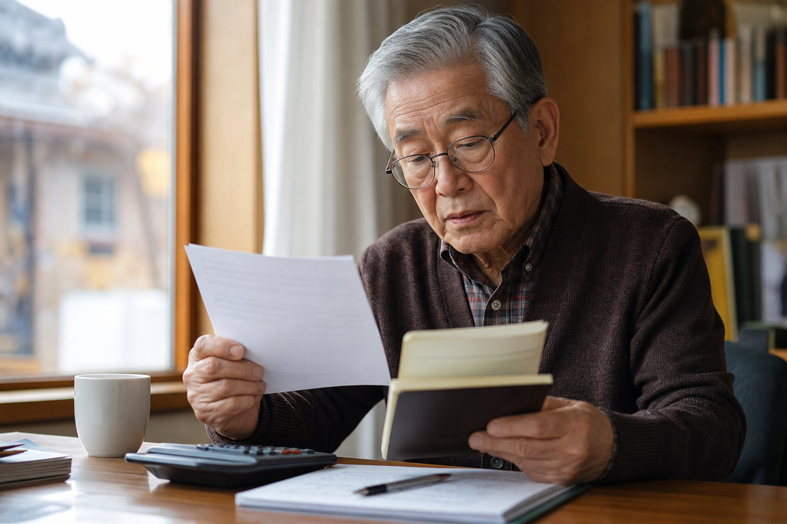 2027년 기초연금 개편안을 계산기로 확인하는 70대 남성의 사실적인 사진
